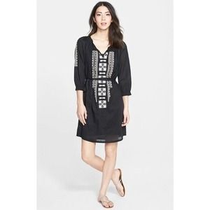 CASLON Tunic Peasant Dress Black w/ White Embroidered Lined Half Sleeve Size MP